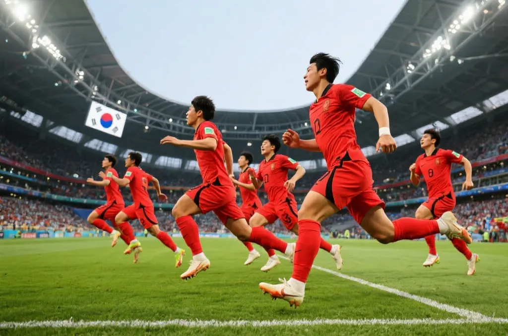 韩国国家足球队在球场上拼搏,红色球衣,充满斗志